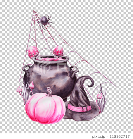 Pink pumpkin, black witch hat, cauldron with potion and poisonous mushrooms, fly agaric, spider on web. Symbol of mysticism, magic, Halloween, Sabbath. Watercolor hand drawn cut out isolated clipart 118562717
