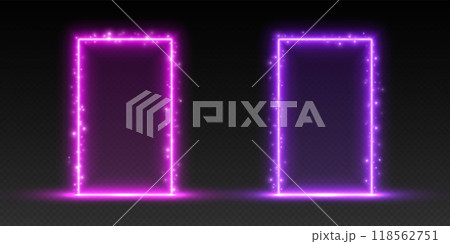 Neon arches with sparkles, purple and pink glowing portals, futuristic gate, magic LED frames. Neon arches with sparkles, purple and pink glowing portals, futuristic gate, magic LED frames. 118562751