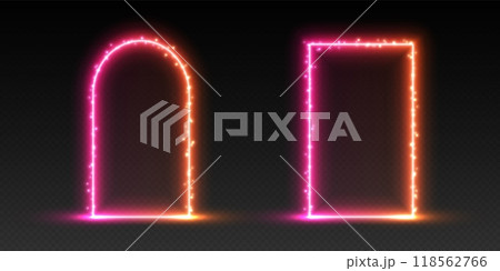 Neon door and arch with sparkles, gradient glowing portal, futuristic gate, magic LED frame. Neon door and arch with sparkles, gradient glowing portal, futuristic gate, magic LED frame. 118562766