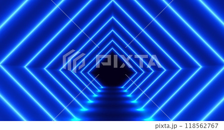 Neon tunnel, futuristic room with led corridor, glowing rhombus modern background. 118562767