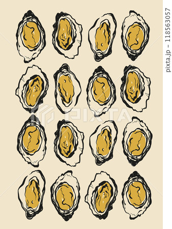 Vector poster with Mediterranean seafoods. Hand-drawn oysters card isolated on beige background. Tasty food for design, print, fabric or background. 118563057