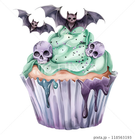 A pastel goth cupcake decorated with spooky cute elements like bats and skulls A pastel goth cupcake decorated with spooky cute elements like bats and skulls 118563193
