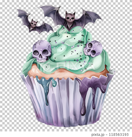 A pastel goth cupcake decorated with spooky cute elements like bats and skulls A pastel goth cupcake decorated with spooky cute elements like bats and skulls 118563193