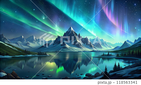 Majestic Mountain Landscape with Northern Lights Reflection Over Calm Lake at Night 118563341