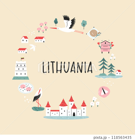 Decorative poster with hand drawn landmarks, symbols of Lithuania Decorative poster with hand drawn landmarks, symbols of Lithuania 118563435