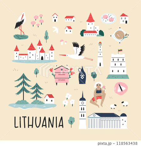 Decorative poster with hand drawn landmarks, symbols of Lithuania Decorative poster with hand drawn landmarks, symbols of Lithuania 118563438