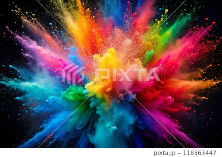 Vibrant Rainbow Powder Explosion on Black Background 118563447