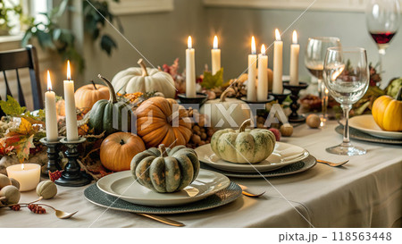 Thanksgiving Table Setting with Pumpkins and Candles - Autumn Thanksgiving Setting  118563448