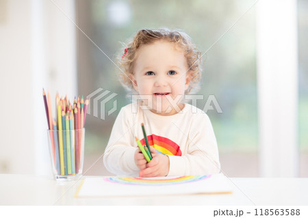 Kids paint. Child painting. Little girl drawing. Kids paint. Child painting. Little girl drawing. 118563588