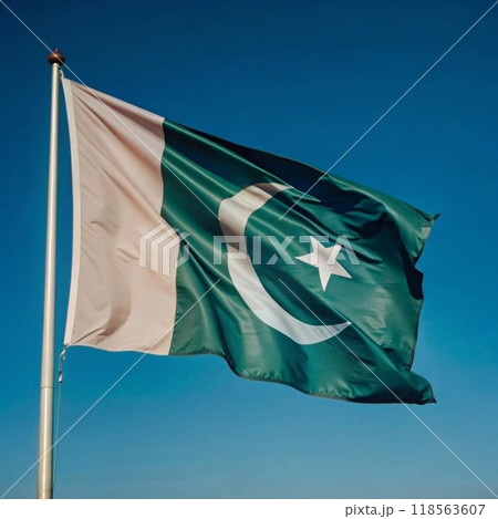 Realistic Pakistani Flag Waving Against Clear Blue Sky 118563607