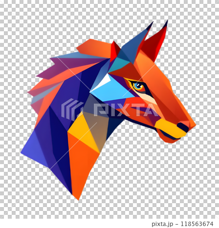 Colorful geometric horse head illustration with vibrant shapes and angles 118563674