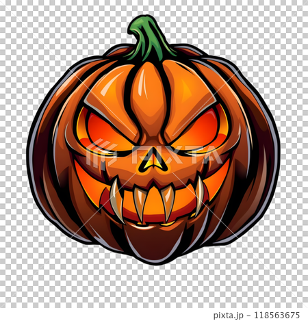Creative spooky Halloween pumpkin with sharp teeth and glowing eyes 118563675
