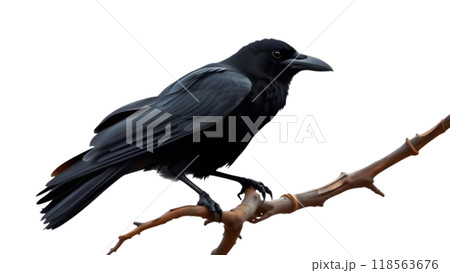 A raven perched on a slender branch against a white background 118563676