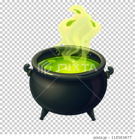 A bubbling cauldron with green potion and mystical steam in a dark setting 118563677