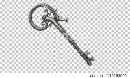 Antique silver key with ornate design and unique handle shape Antique silver key with ornate design and unique handle shape 118563693