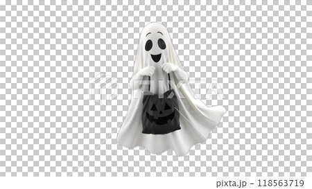Friendly ghost wearing white sheet with Halloween trick-or-treat bag 118563719