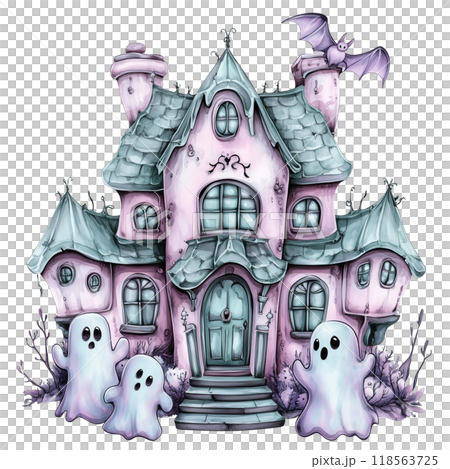 Spooky Pastel Haunted House in Soft Pinks and Mint Greens with Cute Ghosts 118563725