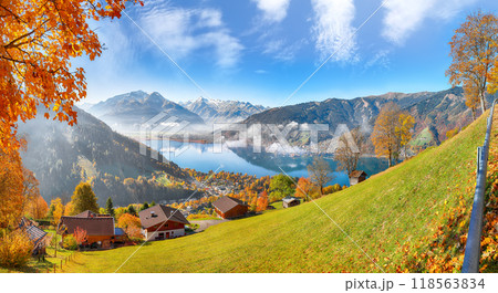 Spectacular view of the meadows and mountains around  Zell lake or Zeller See . 118563834