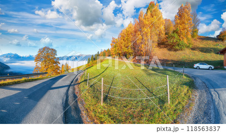 Spectacular view of the meadows and mountains around  Zell lake or Zeller See . 118563837