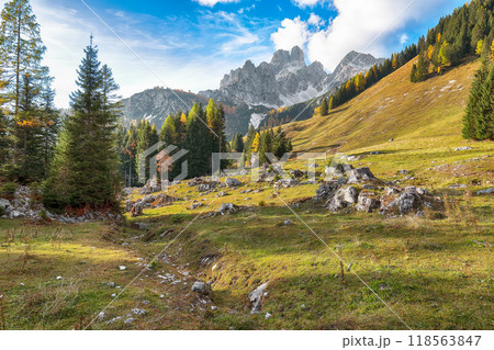 Stunning view of mountains and valleys with larch forest and wonderful sky are located in Filzmoos 118563847