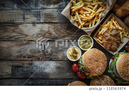 Fast food on wooden background. Generative AI 118563974