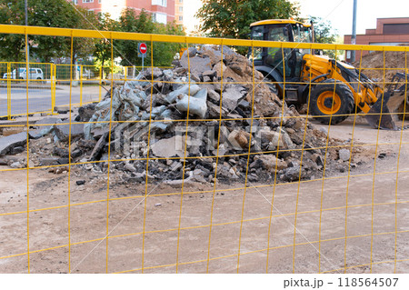 work sewage hole sign pipe construction ground water trench dig drainage heap underground 118564507