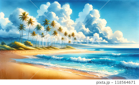ヤシの木があるハワイのビーチの水彩画イラスト 118564671