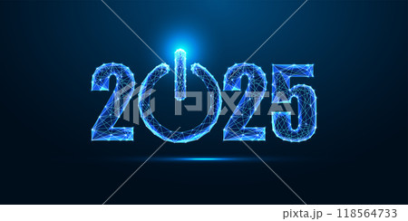2025 New Year innovations with glowing 2025 digits and power button on dark blue background. 2025 New Year innovations with glowing 2025 digits and power button on dark blue background. 118564733