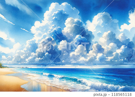 夏の海とビーチと青空と雲の水彩画 118565118