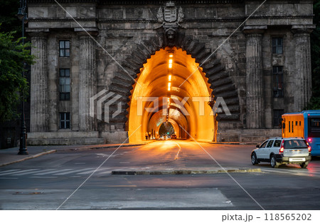 Budapest, Hungary. August 25, 2022. Fascinating shot of the historic tunnel under the Castle Hill. Budapest, Hungary. August 25, 2022. Fascinating shot of the historic tunnel under the Castle Hill. 118565202