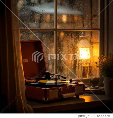 雨の降る窓辺に置いてあるレコードプレーヤー 雨の降る窓辺に置いてあるレコードプレーヤー 118565326