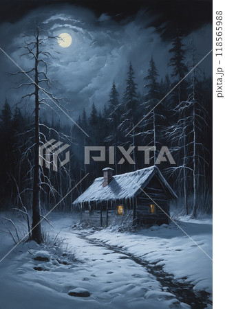 Oil painting of gloomy winter landscape with trail to snowy wooden cabin among scary snowbound fir forest at moonlight wintry night. With no people digital art illustration of secluded rural place. 118565988