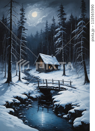 Oil painting of wintry landscape with cozy snow covered log cabin and wooden bridge over creek among gloomy fir forest at moonlight winter night. No people digital art illustration of secluded place. 118565990