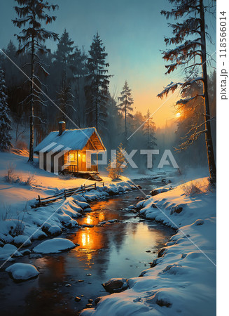 Oil painting of cozy snow covered log cabin with lit porch on small river shore among snowy fir forest at winter dusk. With no people digital art illustration of secluded rural place wintry landscape. 118566014
