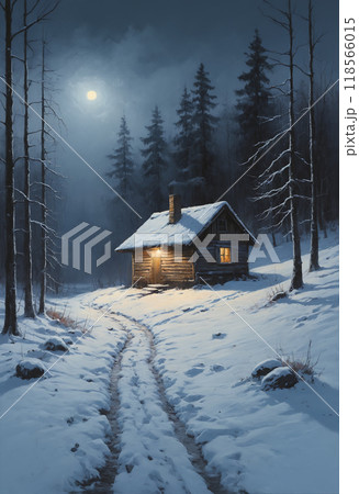 Oil painting wintry landscape with empty road to cozy snow covered log cabin with lit porch among snowy winter forest at moonlit night. With no people digital art illustration of secluded rural place. 118566015