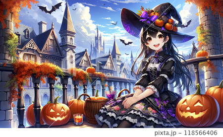 黒いドレスを着たハロウィンのコスプレをした女性とカボチャ 118566406