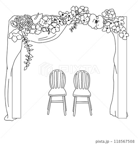 お洒落な結婚式のパーティションのイラスト・ウェデイング・椅子・招待状・カードデザイン 118567508