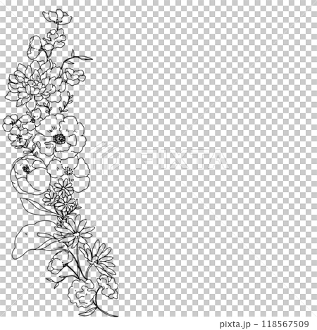 ペンで描いた花のフレーム素材・結婚式・招待状・カードデザイン 118567509
