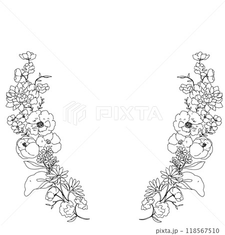 ペンで描いた花の線画イラスト・お洒落・カードデザイン・結婚式・ウェディング 118567510