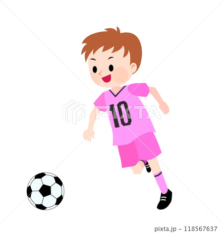 ピンクのユニフォームを着てサッカーをする男の子のイラスト 118567637