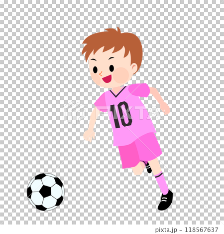 ピンクのユニフォームを着てサッカーをする男の子のイラスト 118567637