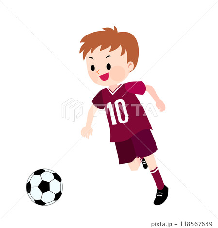 赤紫のユニフォームを着てサッカーをする男の子のイラスト 赤紫のユニフォームを着てサッカーをする男の子のイラスト 118567639
