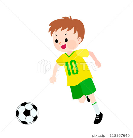 黄色と緑のユニフォームを着てサッカーをする男の子のイラスト 118567640