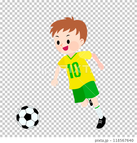 Illustration of a boy playing soccer wearing a yellow and green uniform 118567640