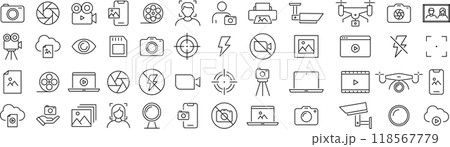 ベクターでモノクロの写真と動画の線画アイコンセット ベクターでモノクロの写真と動画の線画アイコンセット 118567779
