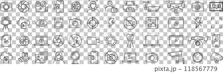 ベクターでモノクロの写真と動画の線画アイコンセット ベクターでモノクロの写真と動画の線画アイコンセット 118567779