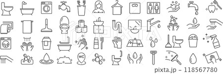 ベクターでモノクロのバスルームの線画アイコンセット 118567780