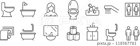 ベクターでモノクロのお風呂とトイレの線画アイコンセット 118567781