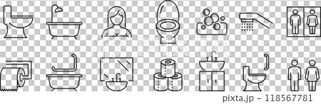 ベクターでモノクロのお風呂とトイレの線画アイコンセット 118567781