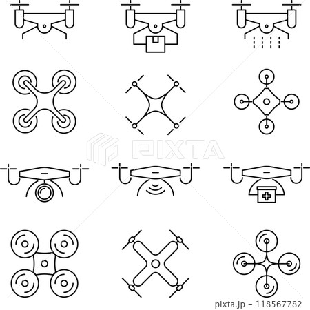 ベクターでモノクロのドローンの線画アイコンセット 118567782